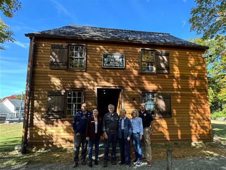  Exterior view of the fully restored Friends Meeting House in Randolph. (l-r) Randolph Councilman Lou Nisivoccia, Mayor Christine Carey, Dr. Nicholas Steneck, Margaret Steneck, Director Christine Myers and Deputy Director Stephen Shaw. 