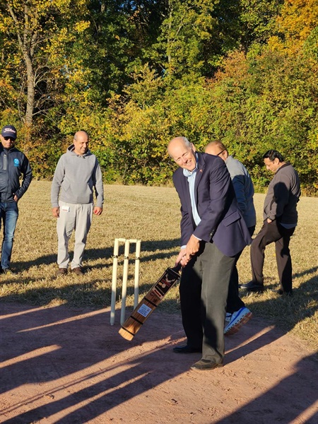 Commissioner John Krickus awaits a pitch at the Russell W. Myers Recreation Area Cricket Fields in Lewis Morris County Park. 