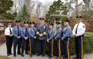 From left, Morris County Sheriff's Office Chief Officer Kelley Zienowicz, Officer Haider Asif, Officer Stephen Nowatkowski, Officer Chelsea Whiting, Sheriff James M. Gannon, Officer Jennifer Powers, Officer Travis Dean, Officer Anthony Walsh and Morris County Undersheriff Mark Spitzer at the recruit's graduation on November 27, 2019. 