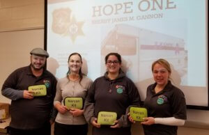 From left, Mental Health Association of Essex and Morris Clinician Al Shurdom, County College of Morris Professor Dr. Maureen Kazaba, CARES Peer Recovery Specialist Carrie Bailey, Morris County Sheriff's Office Corporal Erica Valvano, who manages the Sheriff's Hope One program. 