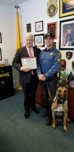 Morris County Sheriff James M. Gannon, Sheriff's Office Detective Corporal Mike McMahon and K-9 Kaiser. 