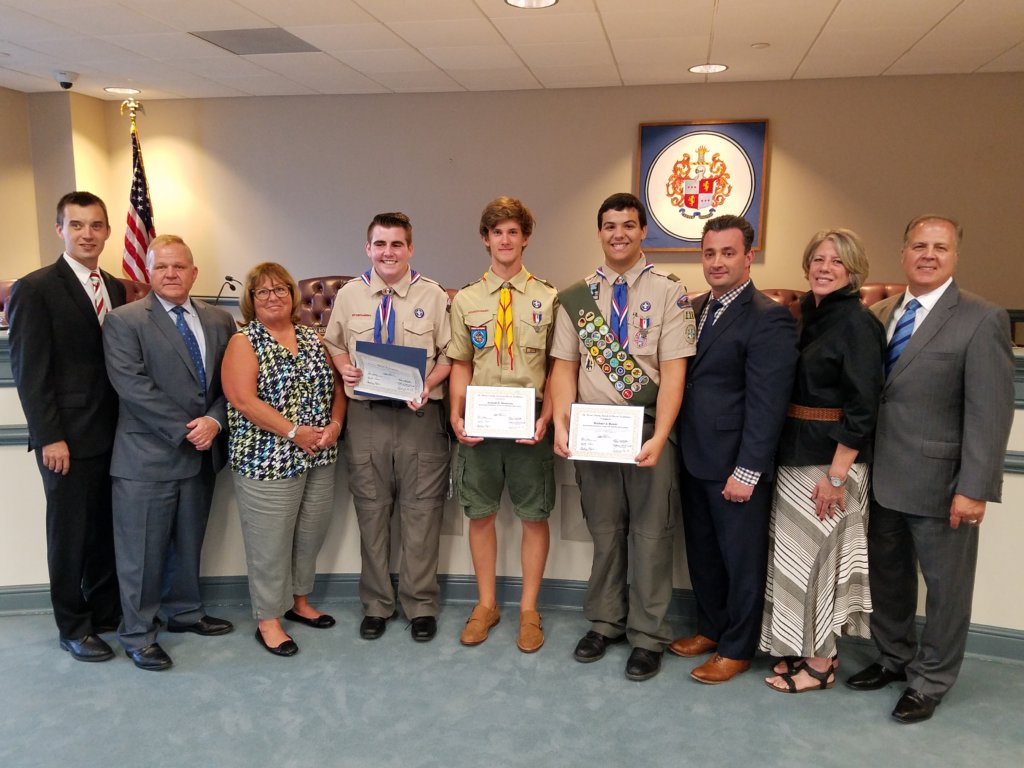 photo of (l/r) Freeholders Doug Cabana and Kathy DeFillippo, Scout Ben Smith, and Freeholders John Cesaro, Deborah Smith and Tom Mastrangelo