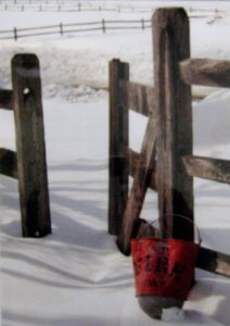 Mia Mutascio's photograph, Fire Bucket Leaning on a Fence 