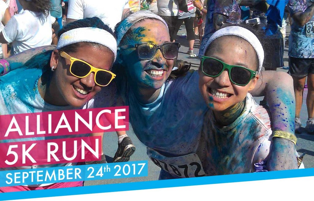 5k run poster features three female participants, each wearing sun glasses and covered in colorful powders