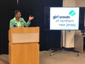 Bette Simmons, vice president of Student Development and Enrollment Management at CCM and chair of the Board of Directors for the Girl Scouts of Northern New Jersey, speaks at the reception held at CCM announcing the launch of new national badges in cybersecurity and other STEM fields.