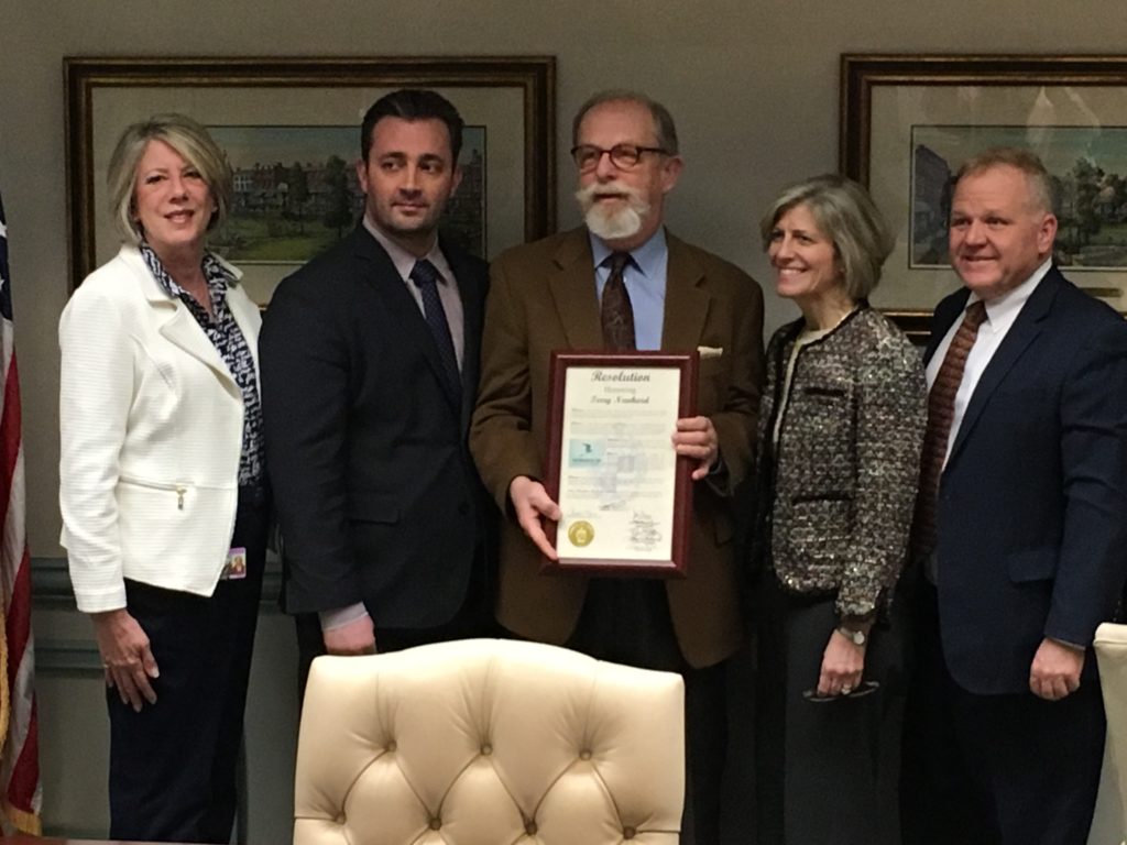 photo of (l/r) Freeholders Deborah Smith and John Cesaro, Terry Newhard, and Freeholders Christine Myers and Doug Cabana 