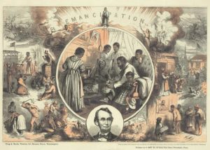  Thomas Nast's celebration of the emancipation of Southern slaves with the end of the Civil War. Nast envisions a somewhat optimistic picture of the future of free blacks in the United States. The central scene shows the interior of a freedman's home with the family gathered around a "Union" wood stove. The father bounces his small child on his knee while his wife and others look on. On the wall near the mantel hang a picture of Abraham Lincoln and a banjo. Below this scene is an oval portrait of Lincoln and above it, Thomas Crawford's statue of "Freedom." On either side of the central picture are scenes contrasting black life in the South under the Confederacy (left) with visions of the freedman's life after the war (right). At top left fugitive slaves are hunted down in a coastal swamp. Below, a black man is sold, apart from his wife and children, on a public auction block. At bottom a black woman is flogged and a male slave branded. Above, two hags, one holding the three-headed hellhound Cerberus, preside over these scenes, and flee from the gleaming apparition of Freedom. In contrast, on the right, a woman with an olive branch and scales of justice stands triumphant. Here, a freedman's cottage can be seen in a peaceful landscape. Below, a black mother sends her children off to "Public School." At bottom a free Negro receives his pay from a cashier. Two smaller scenes flank Lincoln's portrait. In one a mounted overseer flogs a black field slave (left); in the other a foreman politely greets Negro cotton-field workers.