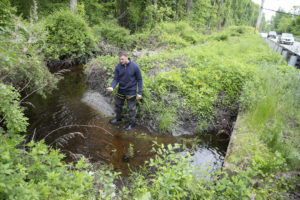 Biologist John Rosellini checks out a potential mosquito breeding ground