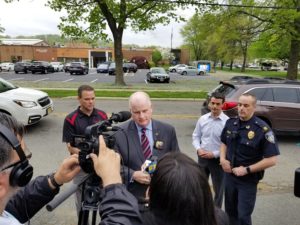 James M. Gannon addresses the media outside of the county school in Denville