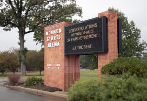 Mennen Arena message board at front gate noting Fauci is retiring