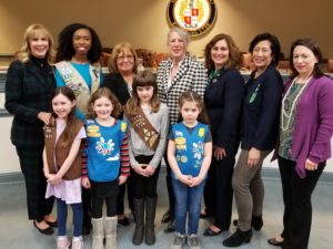 photo shows scouts and freeholders joined by Assemblywomen BettyLou DeCroce and Aura Dunn