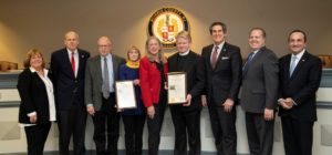 Freeholder Tayfun Selen (far right) joins freeholders in honoring Mountain Lakes residents at Monday's Freeholder Board meeting 